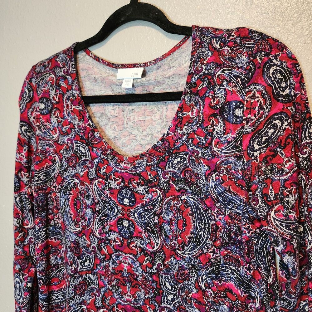 J.Jill Tunic Top Womens XSP Red Paisley Tencel Blend V-Neck Long Sleeve Knit